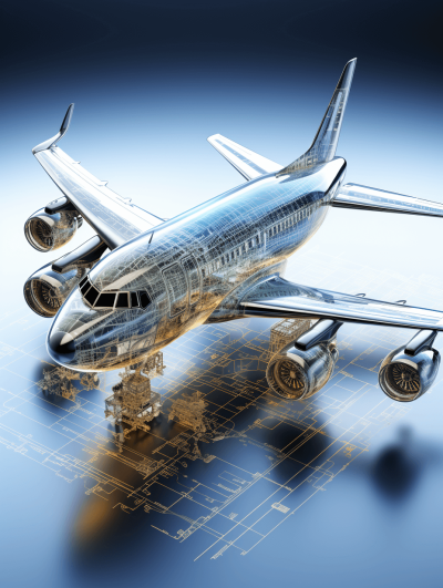 3d render of an airplane on top of blueprints, metallic and translucent materials, highly detailed