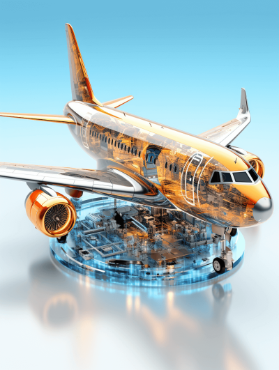 3d render of airplane with gold and copper parts, on glass platform with circuit board under it, light blue background, high resolution