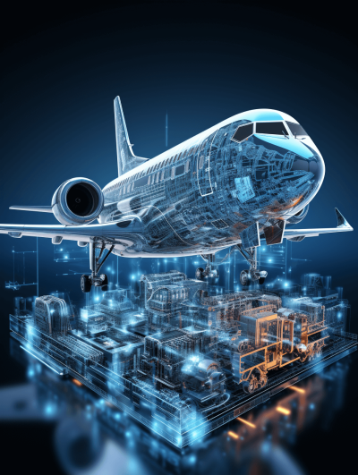 3D rendering of an airplane on a blue background with light and shadow effects, surrounded by complex mechanical structures made up of metal materials, presenting an abstract composition. The overall picture is full of a high-tech futuristic feel. There is some cargo on the aircraft platform, creating a strong technological atmosphere.