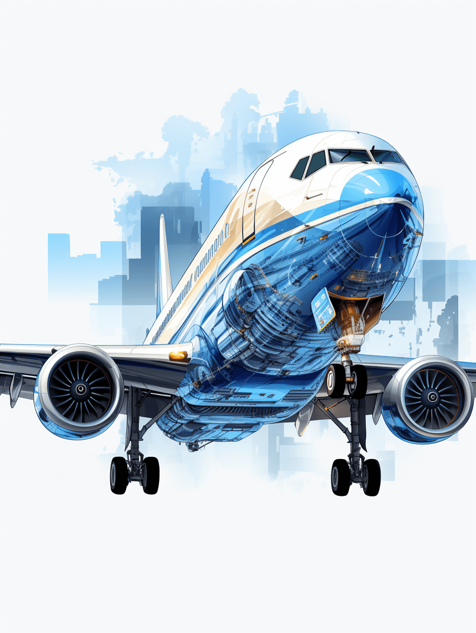 A white and blue airplane with a city background, in the vector illustration style, with detailed mechanical structures on the plane body, in the double exposure photography style, in the airbrush art style, with very realistic detailed color, with a high resolution rendered cityscape background. The overall design is centered around an aircraft engine in front of it.