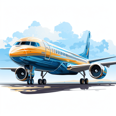 Vector illustration of an airplane, cartoon style, blue and yellow colors, white background, side view, on the runway, detailed drawing, with clouds in the sky, with small wheels and wings, in perspective, without shadows. Vector illustration of a modern passenger plane standing at the airport, cartoon style, blue color scheme, white background, side view, on the landing strip, with blue sky and white cloud in background, vector illustration of a modern passanger aircraft