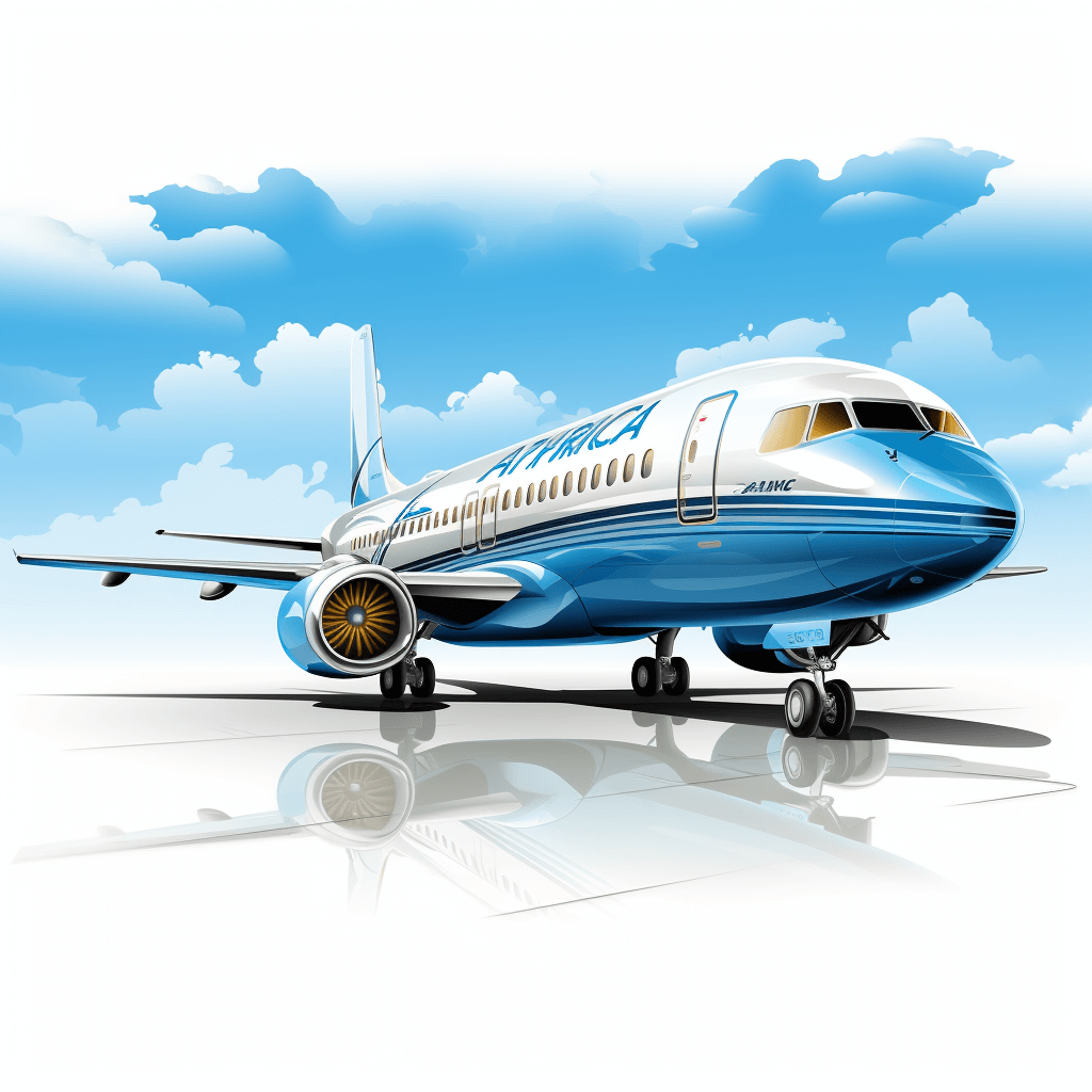 vector illustration of boeing airplane, sky blue and white colour scheme, cartoon style, front view, on the ground with reflections,