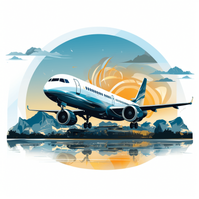 A vector illustration of an airplane, with the background featuring elements such as mountains and water bodies. The plane is in flight against a sky with clouds, creating a serene atmosphere. In front of it lies landscape with mountains, trees, and a body of water reflecting sunlight. This design symbolizes travel and adventure by depicting various natural landscapes that can be part or even a destination for scenic mountaineering trails. Tshirt style sticker design, white background.