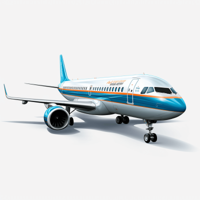 Aeroplane, simple design, blue and white livery with orange highlights, photorealistic rendering, on solid background, no shadows, no text