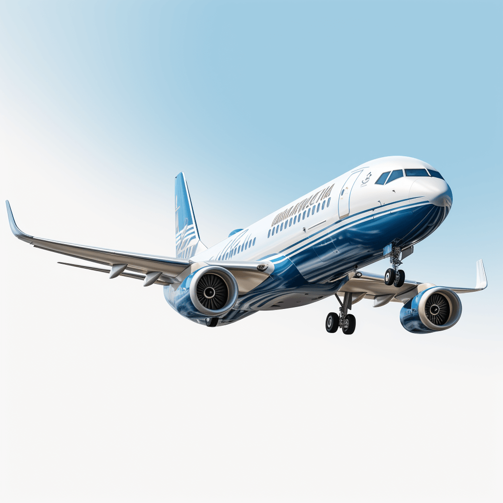 design of an airplane with blue and white livery flying in the sky, vector graphics, 3d rendering, white background, high resolution, very detailed, very accurate,