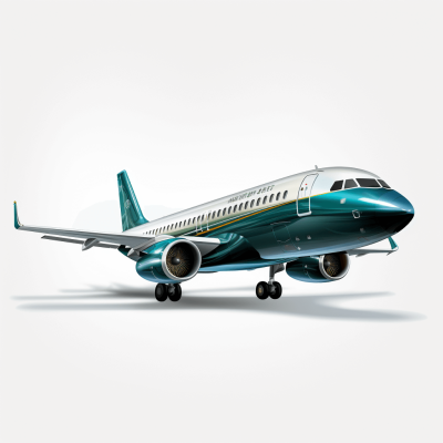 A photorealistic rendering of an Alushrjan A320 airplane in dark teal and white, against a clean background with no shadows or reflections. The plane is positioned at the right side of the frame on its left wing, showing all four Mann squeezers visible under each engine. It has two windows above the wings for pilot focus during flight, and prominently features 'Aluh Horror' text on one tail cone. This depiction highlights the aircraft's modern design and colors.