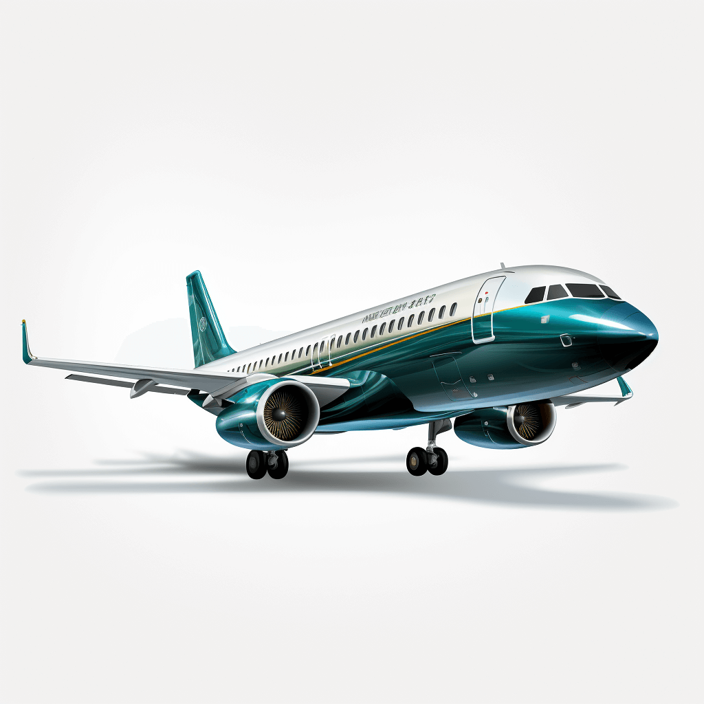 A photorealistic rendering of an Alushrjan A320 airplane in dark teal and white, against a clean background with no shadows or reflections. The plane is positioned at the right side of the frame on its left wing, showing all four Mann squeezers visible under each engine. It has two windows above the wings for pilot focus during flight, and prominently features ‘Aluh Horror’ text on one tail cone. This depiction highlights the aircraft’s modern design and colors.