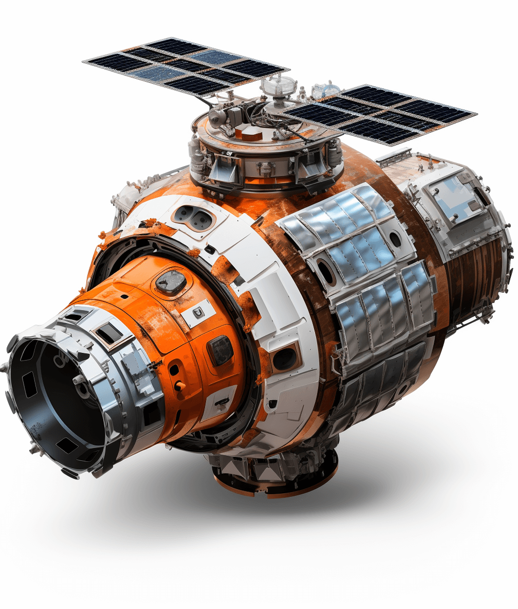 3D rendering of a space station in orange and white colors on a transparent background, without shadows or gradients, with high detail and sharp focus as if under studio lighting and photographed with a 20mm lens at f/5.6 in the style of a photograph.