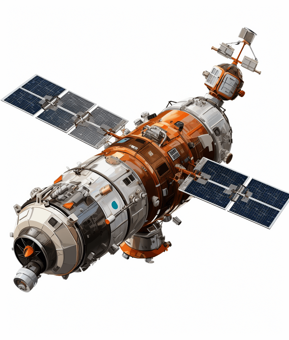 A space station in the style of Pixar, on white background, orange and dark grey color scheme, high resolution, vector graphics, detailed, high detail, ultrarealistic, high quality, high details, high contrast, octane render, hyperrealism, hyperdetailed, hyper realistic, white isolated background, no shadows, no reflections, no text, no letters, no numbers, no stars, no black edges, no borders, no shadow