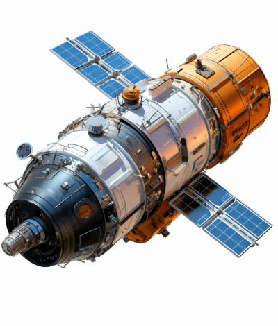 A detailed illustration of the Russian space station, isolated on a white background, in high resolution photography with high quality details.