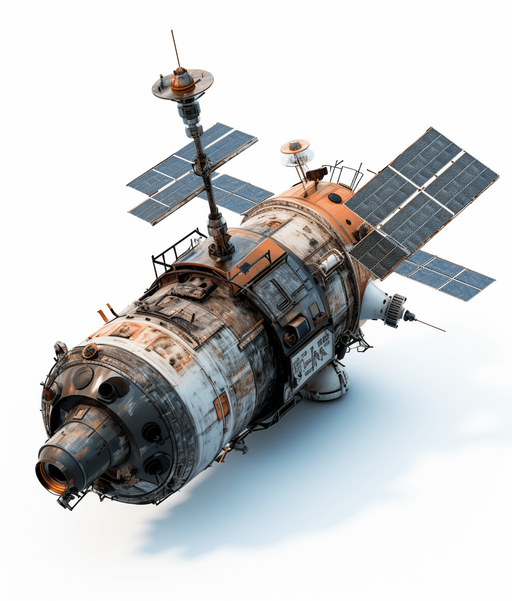 3d render of old rusty space station with solar panels on white background, isometric view, high resolution, hyper realistic, super detailed