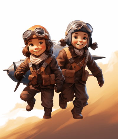 Illustration of two happy little children dressed as aviators with a plane on their back, flying in the sky, in the cartoon style, with character design reminiscent of Disney Pixar animation, showing their full bodies on a white background, in a 2D flat illustration style, depicted as cute and adorable, with a brown color palette, high resolution details, sharp lines and edges, high contrast, soft lighting, and a wide angle view.