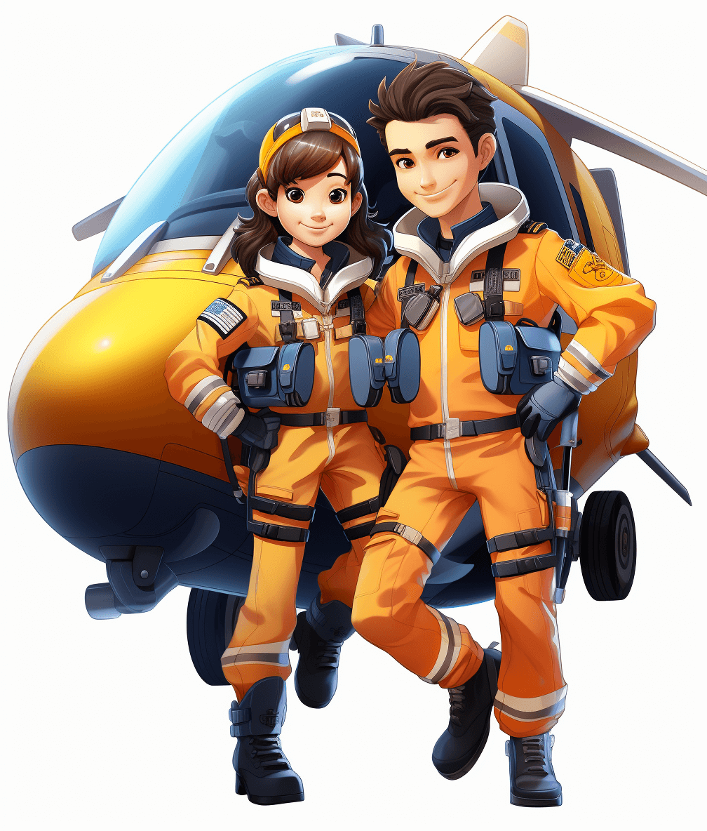 A cute couple of paramedic style first aiders in orange jumpsuits, standing next to a helicopter with yellow and blue details, in the style of clipart, vector design, in the style of anime manga cartoon, white background, full body portrait, high resolution, high detail, professional illustration, professional digital painting, 2d game art, hyper realistic.