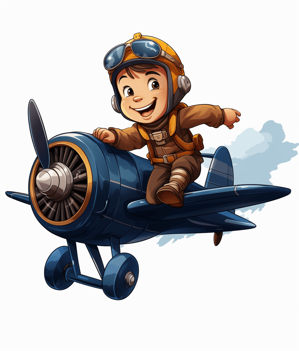 cartoon illustration of a smiling boy pilot flying in a blue biplane, white background, vector art, in the style of clipart, high resolution