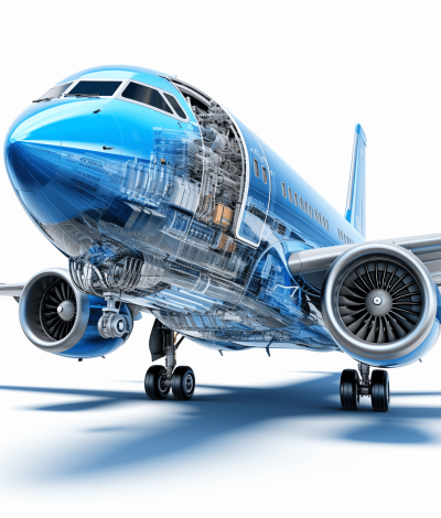 side view of blue airplane with engine and technical details transparent, white background, 3d rendering style, high resolution photography