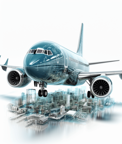 A photorealistic airplane over a cityscape below, with a white background, using light blue and dark gray colors, in the transparent technology style, with a detailed depiction of the aircraft's engine, at a high resolution.