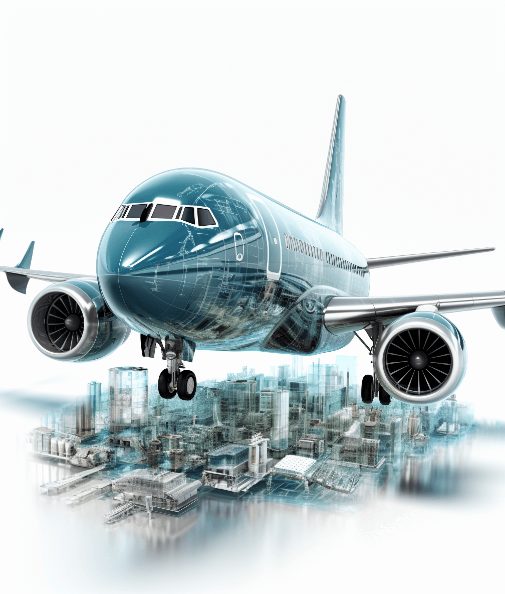 A photorealistic airplane over a cityscape below, with a white background, using light blue and dark gray colors, in the transparent technology style, with a detailed depiction of the aircraft’s engine, at a high resolution.