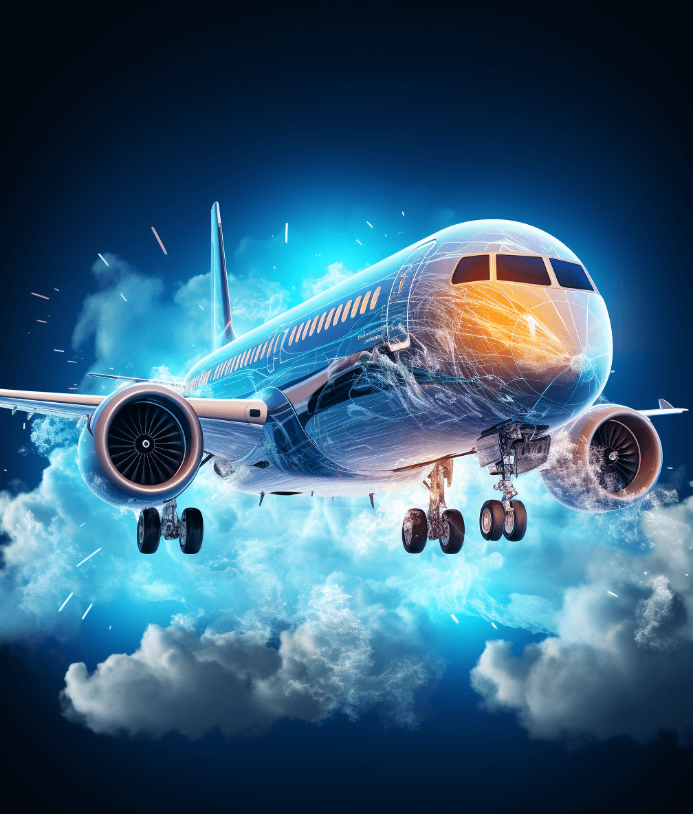 A photorealistic illustration of an airplane flying in the sky with blue and white colors, in the style of digital airbrushing, with glowing light effects, on a dark background, from a low angle shot, with hyperrealistic details, like concept art, showing air currents, flying in front view, surrounded by clouds. The aircraft is detailed with large engines on its sides, sleek wings, and windows for passengers to see out from inside. It has a glossy finish that adds depth and realism. In the foreground, there is a sense of motion as if it was in flight.