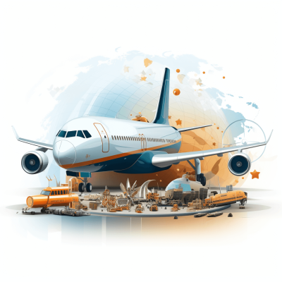 A plane with cargo on the ground and behind it is an illustration of global trade, on a white background, using vector graphics, in the style of a 2D flat design illustration, with a clipart or cartoon style, created as graphic art in light blue tones with orange accents, with very detailed and realistic elements.