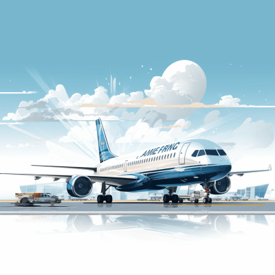 A boeing airplane on an airport runway in a vector illustration style with a sky blue and white color palette. "amONDHlevator" is written on the side of the plane in the style of no artist. It has a vector style and cartoon style with a flat design on a white background without shadows. The illustration is high resolution without gradients or noise. It has high detail without textures, shading, reflections or shadows.