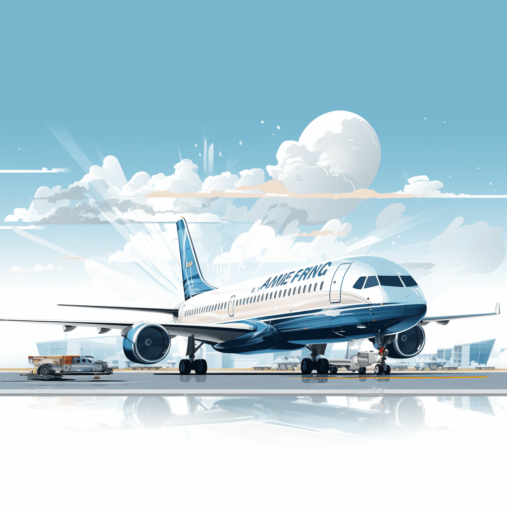 A boeing airplane on an airport runway in a vector illustration style with a sky blue and white color palette. “amONDHlevator” is written on the side of the plane in the style of no artist. It has a vector style and cartoon style with a flat design on a white background without shadows. The illustration is high resolution without gradients or noise. It has high detail without textures, shading, reflections or shadows.