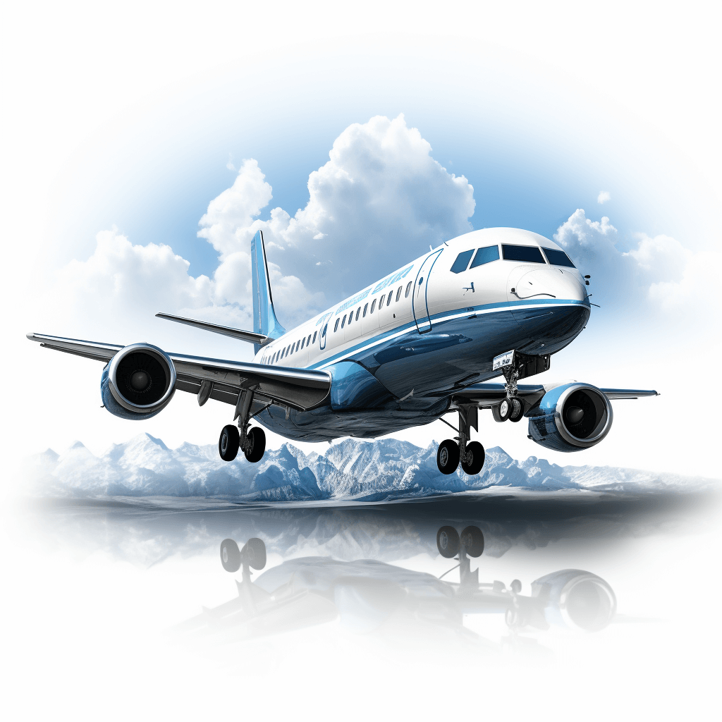 Illustration of an airplane in flight in white and blue colors, on the background there is a snowcapped mountain with reflection, white clouds, in the style of vector graphics, 2d style, with no shadows, on a white background, with high detail, in the hyperrealism style, high resolution, high quality, high sharpness, high focus, high clarity.