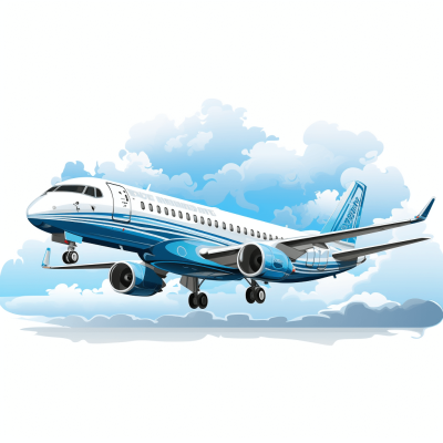 Vector plane illustration, with a blue white color scheme, of an aircraft flying in the sky with clouds, in the style of a cartoon, with high quality details, on a white background, with no text or letters and numbers on the graphic.