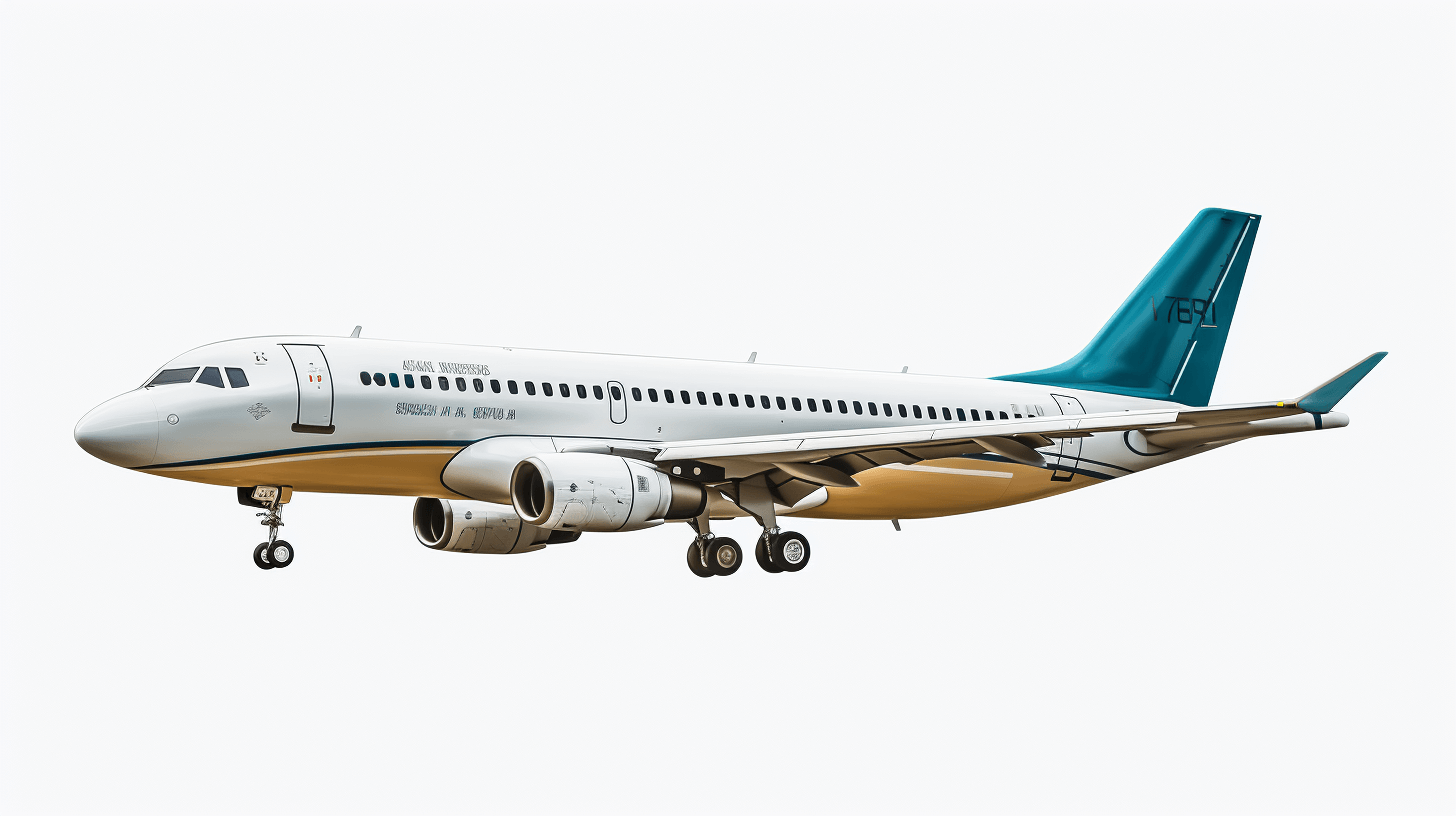 An A320 airplane flying in a white background, with a teal and gold livery. The photo is realistic in style.