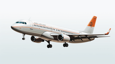 An A320 airplane flying, white with orange and black stripes on the side. It has a white background with a vector style at a 45 degree angle from the front view. The image is high resolution, high quality and high detail. It is a professional photography shot with sharp focus and a full body shot of the airplane. The background has no blur and there is no bokeh or depth of field effect. The image style is hyper realistic.