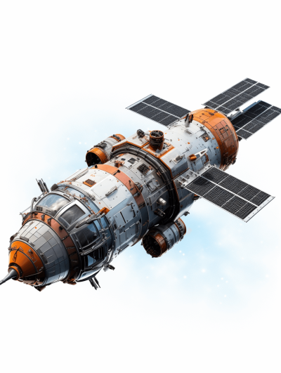 A small space station with solar panels on the top, floating in a white background, in the style of a game asset, as a low poly model for mobile games, in a 3D cartoon isometric perspective view, with no shadow beneath the spaceship, in the style of 2D game art, isolated from a solid color background, with high resolution textures, with hyperrealistic details, in light gray and dark orange, realistic, as vector graphics, in a white background, in an isometric perspective.