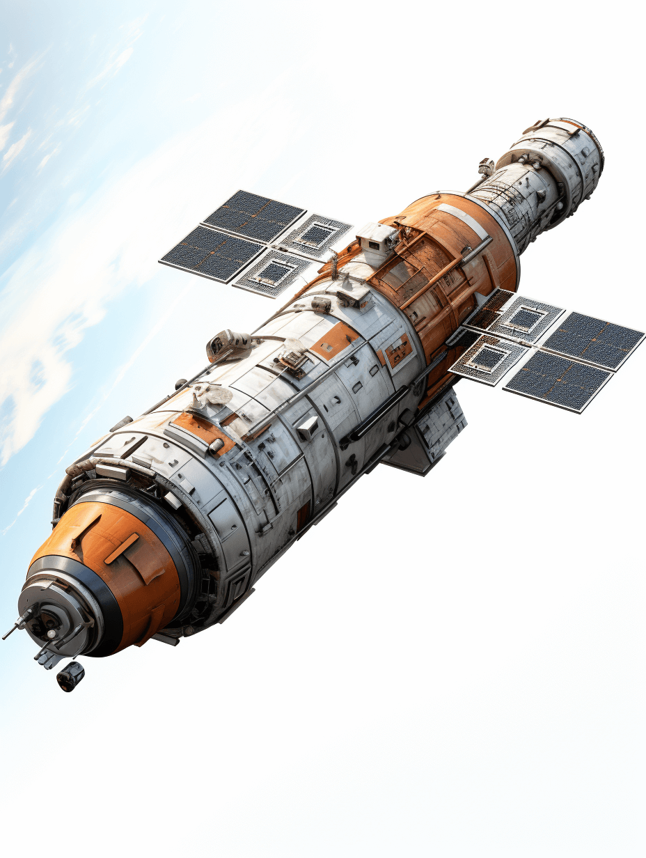 3d render of space station in the sky, white background, orange and grey color scheme, low angle shot, hyper realistic, high resolution