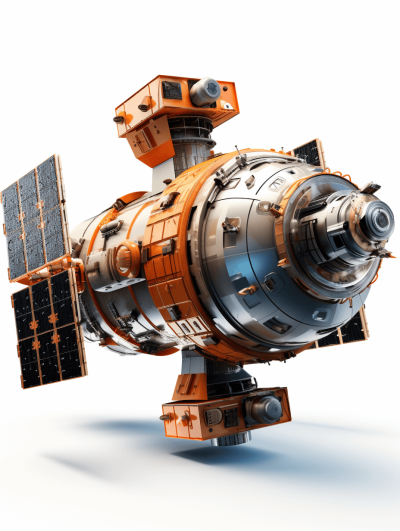 A satellite in space, with an orange and silver color scheme, is a detailed illustration in a high resolution, professional photograph. The ultrahigh definition images capture the natural beauty of science fiction against a white background, with HDR and a hyper realistic style, in the studio lighting, with high detail, in a cinematic style.