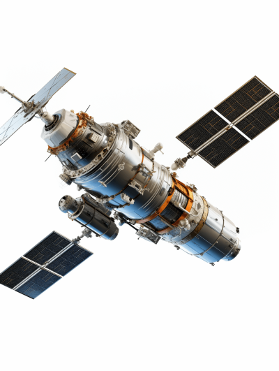 realistic Russian space station with solar panels on white background, no shadows, no text in the picture, no reflection, vector graphics, no gradients, high resolution, high quality, 3D rendering, high detail, high definition, high sharpness, hyper realistic, hyper detailed, hyper photorealism, high contrast, high color film photography, octane render, isolated, white background