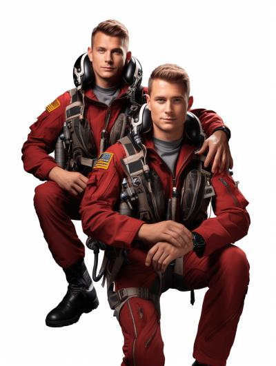 two handsome young men, aircrew team photo, wearing red jumpsuits, standing and sitting next to each other with one arm around the others shoulder, white background, professional photography style, high resolution, ultrarealistic photograph of two muscular guys in their early thirties as an air signalers in firemen's helmets, short hair, clean shaven faces, holding modern communication devices, sitting on chair, full body shot, white background