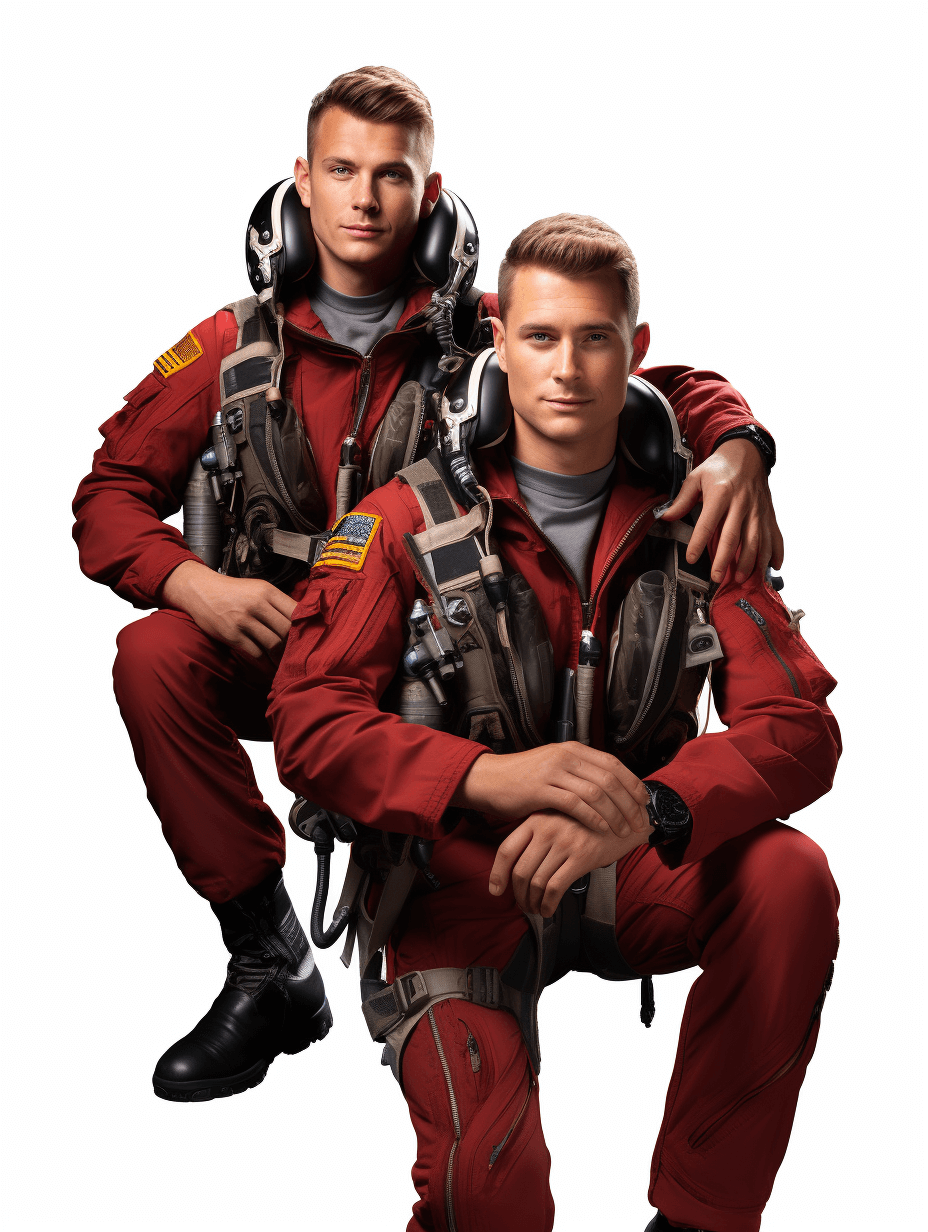 two handsome young men, aircrew team photo, wearing red jumpsuits, standing and sitting next to each other with one arm around the others shoulder, white background, professional photography style, high resolution, ultrarealistic photograph of two muscular guys in their early thirties as an air signalers in firemen’s helmets, short hair, clean shaven faces, holding modern communication devices, sitting on chair, full body shot, white background