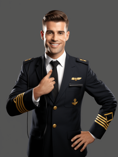 A handsome smiling man in the uniform of an airplane pilot, with his hands on his hips and one hand pointing to his neck that has earphones attached, posing for the camera in a professional photography studio with lighting, a high resolution portrait with high detail and realistic skin texture against a grey background, a full body portrait in the style of professional color grading with soft shadows and no contrast, clean sharp focus in a cinematic style of photography.