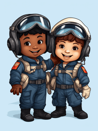 cartoon style of two happy kids in pilot uniforms, one girl with brown hair and dark skin wearing a blue jumpsuit and helmet, another boy with black short curly hair wearing a white overall. Both kids have air costumes on them and space goggles on their heads, in the style of pilot uniforms.