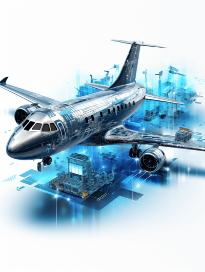 digital illustration visual of a all white background with blue highlights, an embraer captan sofa aircraft being built in the style of digital ai technology, showing some industrial equipment and buildings in the scene, with a blue colour palette