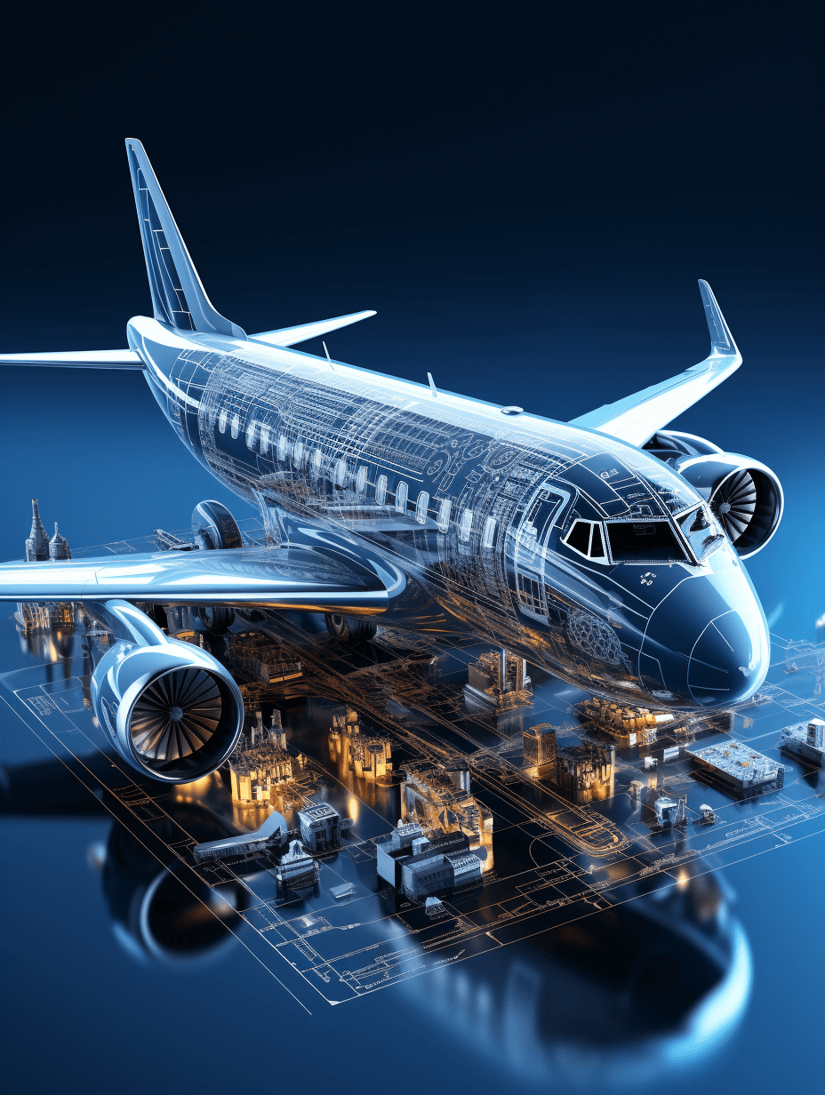 3D render of an airplane on top, with the aircraft engine and other parts inside the plane being drawn in a blue light blueprint style. In front is a cityscape made from circuit boards against a dark background, rendered in a hyperrealistic style with high detail, high resolution, and using octane rendering with studio lighting and global illumination to simulate light. The image appears to be shot with a 50mm lens at an f/22 aperture, maintaining sharp focus throughout the hyper realistic style rendering.