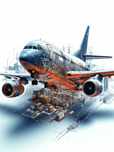 Illustration of an airplane in the sky, with detailed architectural and industrial elements below it on a white background, in a digital art style resembling a futuristic cityscape, as a high resolution concept illustration with an air travel theme and a light blue color palette. It features a closeup view with vibrant orange highlights and a dynamic perspective using a motion blur effect.