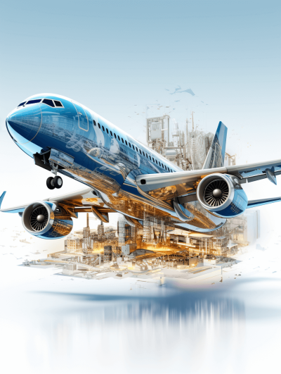 A modern airplane with blue and white colors is flying over an industrial city, creating air as it travels through the plane engine, with buildings made of steel and glass, all set against a light background. The scene includes reflections on water surfaces below, emphasizing speed in flight. This high-quality digital illustration captures the essence of commercial travel, combining elements of technology, design, advertising, engineering, luxury and safety in the style of focus stacked text, 3d render, cinema4D, hyper realistic, Octane Render, high resolution.