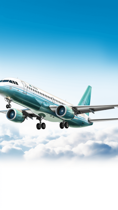 Realistic style, an airplane flying in the sky with white clouds, a light blue and dark green color scheme, in the style of a cartoon illustration, a white background, simple lines, simple details, no shadows on the bottom of the plane, no black border around the picture frame, white space at the top of the photo, high resolution. No text or other elements placed over an airbus A320 airplane. The aircraft is fully visible from the side view, with two engines under the wings and landing gear down. In the background, there are some clouds.