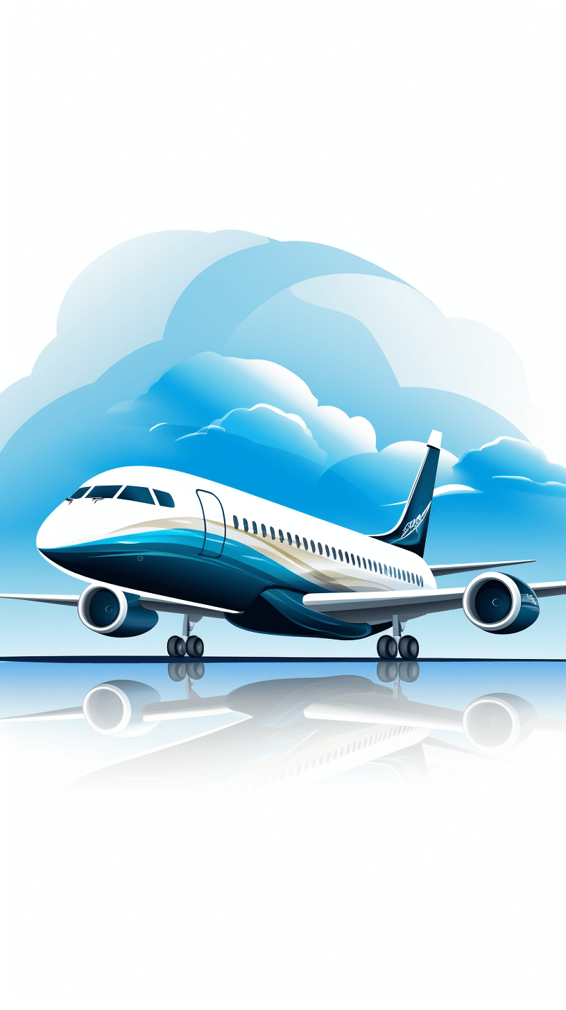 vector illustration of an airplane on the runway, blue sky with clouds background, isolated in white color , high detail, simple lines, minimalism, clipart style