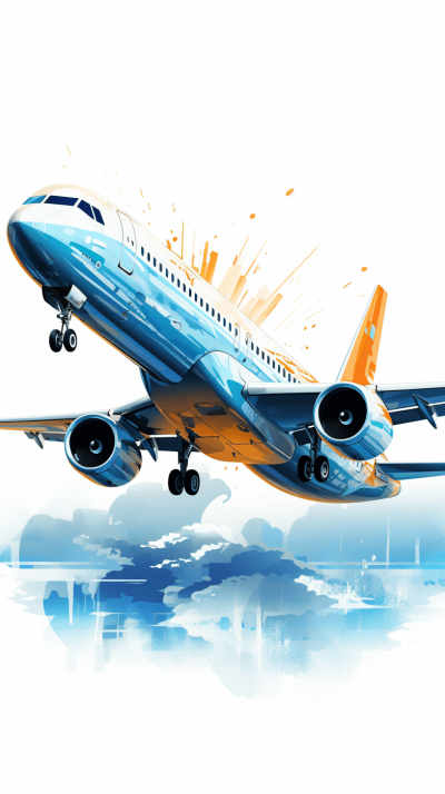 Illustration of an airplane taking off, vector graphic on a white background, with a blue and orange color scheme, in the style of the sky, flying over a cityscape, in a dynamic pose, with high resolution, detailed textures, with no text or symbols, and no shadows.