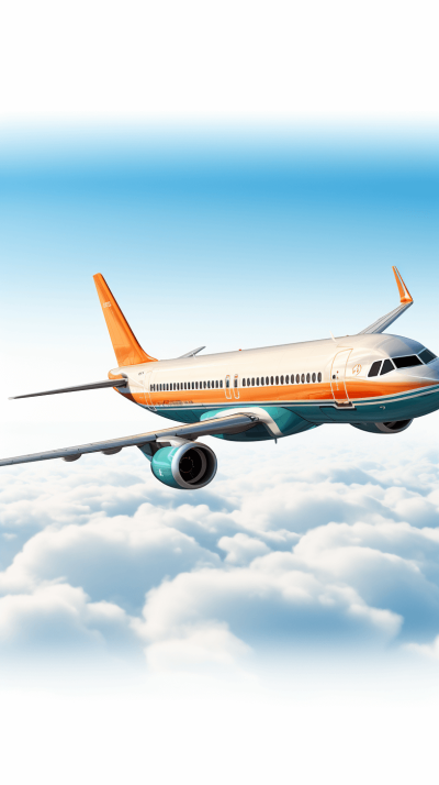 A commercial airplane flying in the sky, in the style of a cartoon vector illustration with a white background and an orange and teal color scheme, with a simple design, high resolution, high quality, high detail, high definition, sharp focus, in the style of a professional photograph, with sharp details, HDR.