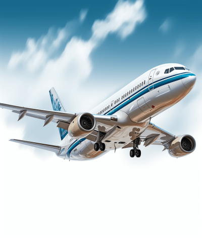 A photorealistic vector illustration of an airplane in flight, white and blue livery with black accents, against a sky background. The plane is detailed with realistic textures on its wings, body, engines, tail section, and windows. It's flying at high altitude with clouds in the distance, creating a sense of motion and scale. This style would emphasize clarity and realism to make it suitable for various applications from brochures or posters to web design. Vector graphics.