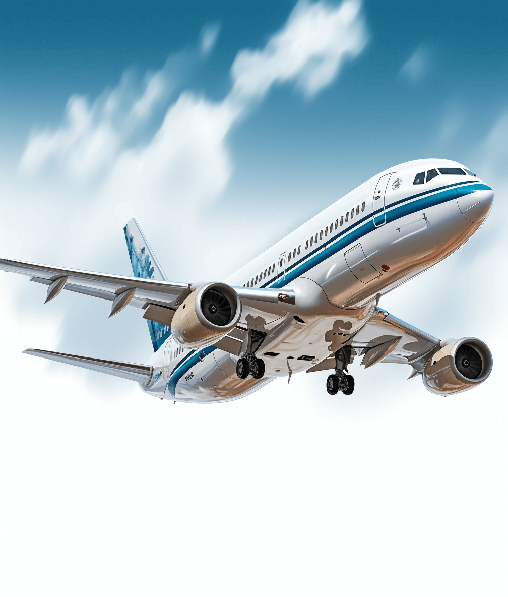 A photorealistic vector illustration of an airplane in flight, white and blue livery with black accents, against a sky background. The plane is detailed with realistic textures on its wings, body, engines, tail section, and windows. It’s flying at high altitude with clouds in the distance, creating a sense of motion and scale. This style would emphasize clarity and realism to make it suitable for various applications from brochures or posters to web design. Vector graphics.