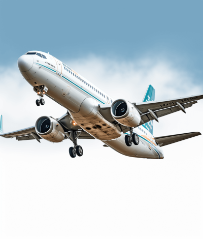 A320 in white with light blue and dark green livery, flying straight up against the camera against a sky background. High resolution photography shows insanely detailed and fine details in the style of stock photo photography.