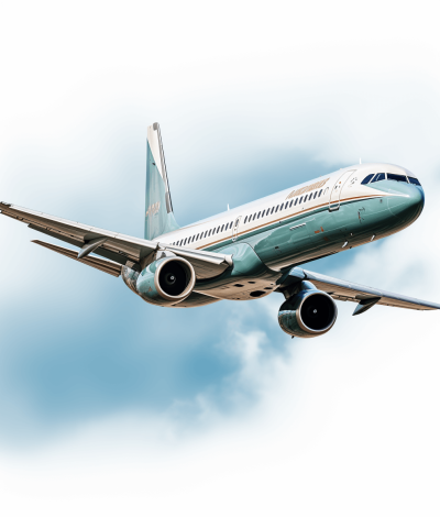 A teal and white passenger airplane flying in the sky, in a clip art style with no background.