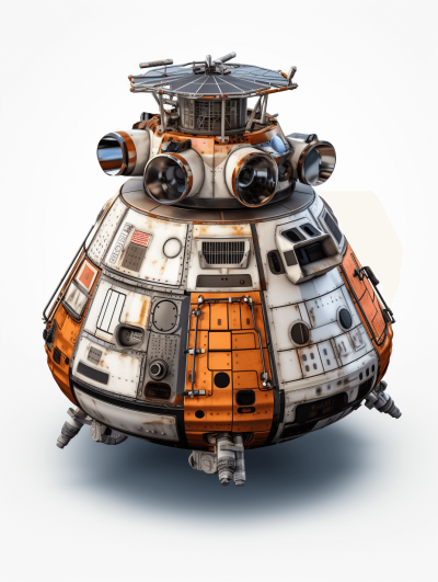 A detailed, realistic depiction of the Faithful Railium in Star Wars, featuring its round shape and orange color scheme with silver accents. The exterior is adorned with various components like panels, windows, robotic arms, and metallic textures that give it an industrial look. It is set against a white background to highlight its design details. This image captures the style of Firefly Zoid on a transparent PNG. No text or other elements should be present.